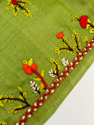 Lightweight Tribal Lambani Embroidery Pure Tussar Silk Saree | Light Moss Green | Hand Embroidery | Ships from California